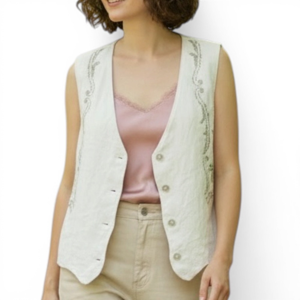 Linen Vest Sz M From Vintage Floral Cross Stitch Embroidered Upcycled Tablecloth